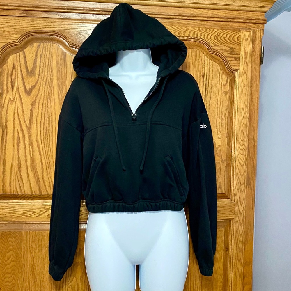 ALO YOGA Refresh Stadium Half Zip Hoodie Black Cropped Pullover Women's XS
